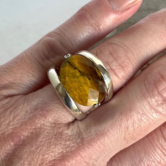 Signed Sterling Silver 925 Faceted Tigers Eye Split Shank Wide Band Ring 6.75 - Picture 6 of 16